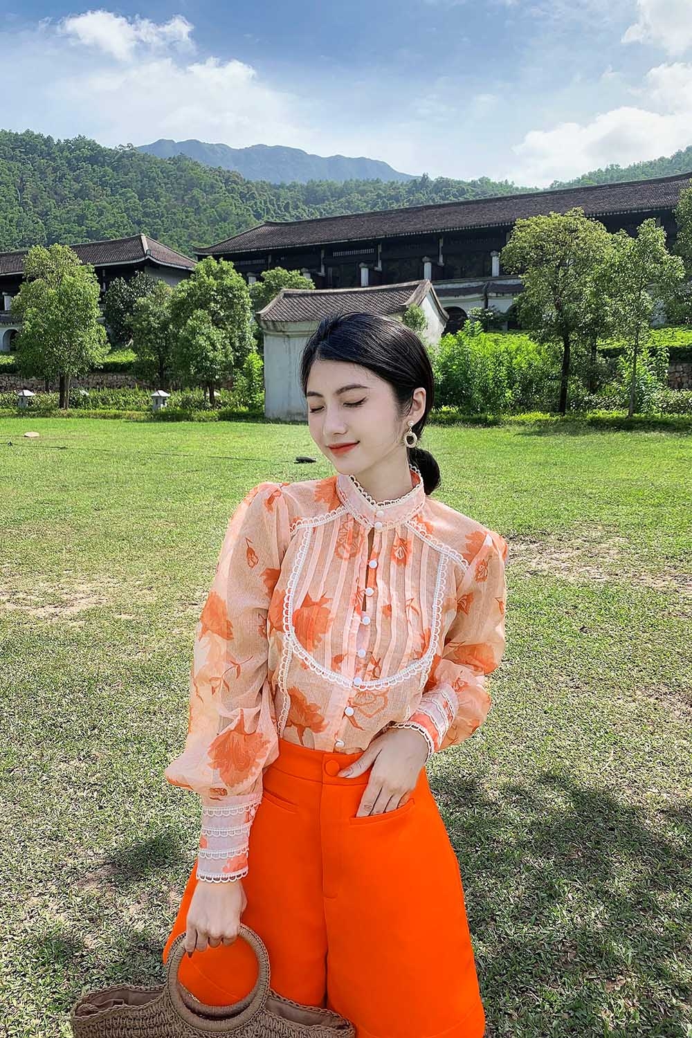 Quần short ngắn nữ màu cam 2 túi 