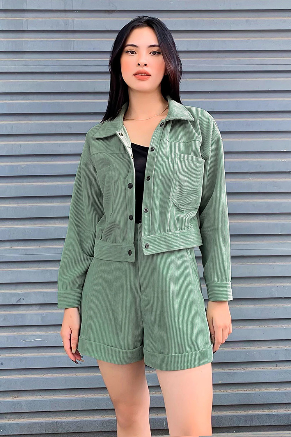 Áo khoác sơ mi lửng nữ tay dài 