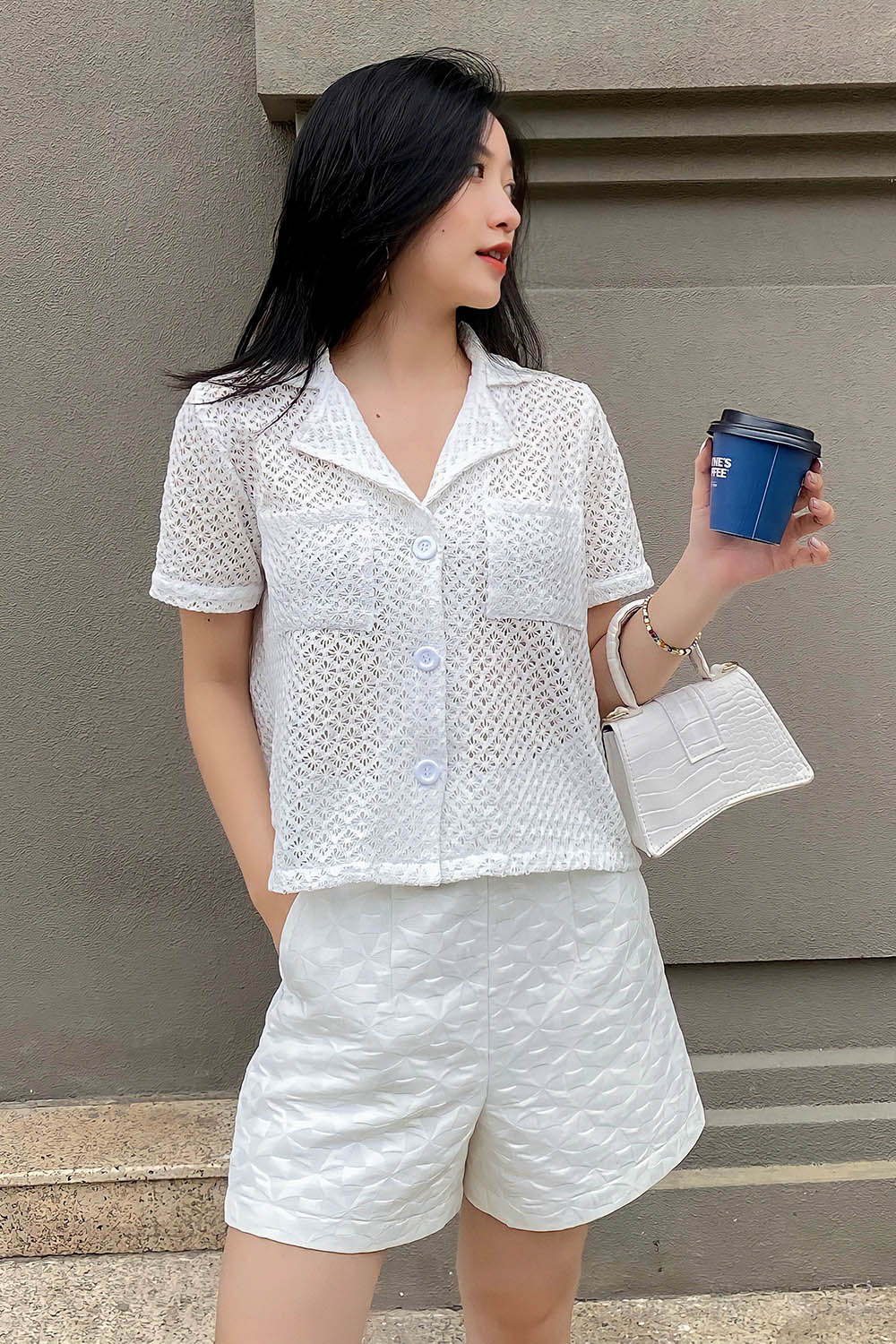 Áo sơ mi trắng nữ ren cotton 