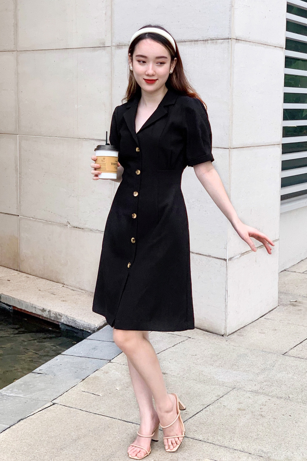 Đầm đen chữ A công sở cổ đan tông 