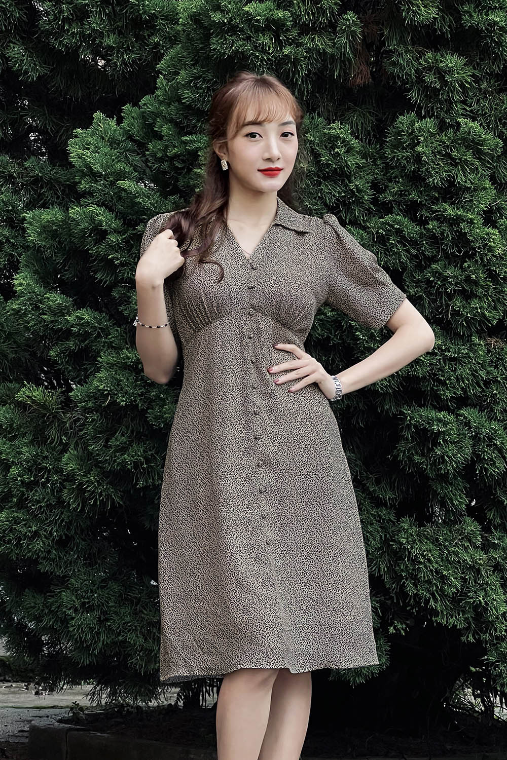 Đầm họa tiết dáng A công sở nhấn ngực KK114-18