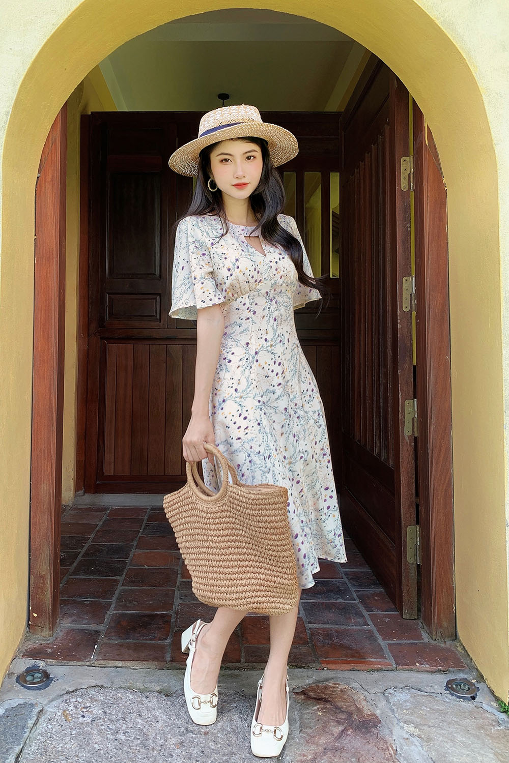 Đầm xòe nữ hoa nhí tay cánh tiên 