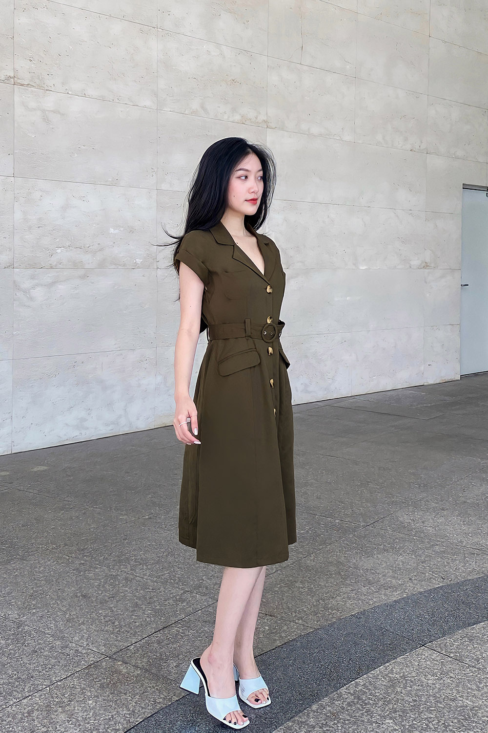 Đầm sơ mi công sở kèm thắt lưng vải 