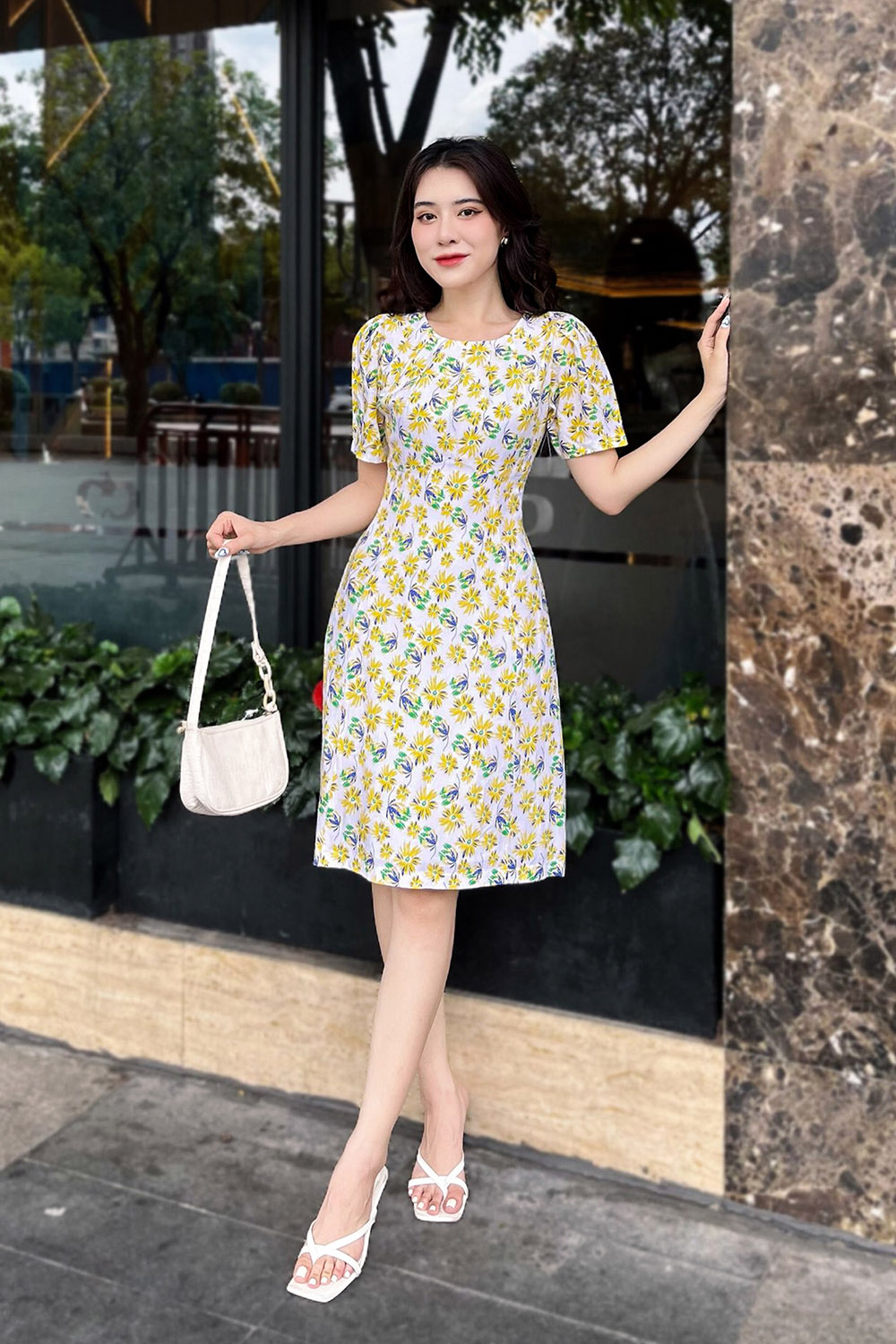 Đầm hoa chữ A công sở nữ 