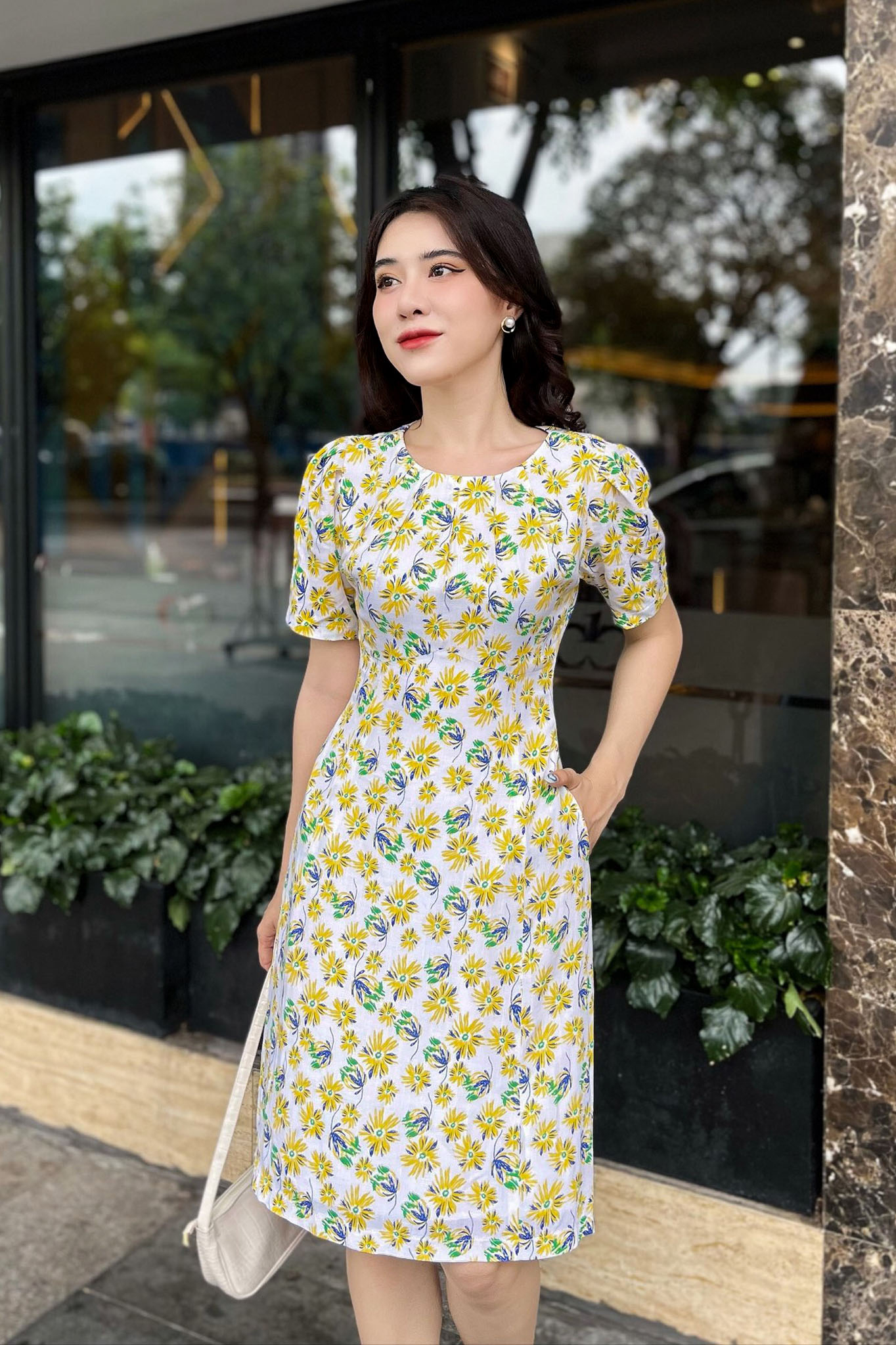 Đầm hoa chữ A công sở nữ 