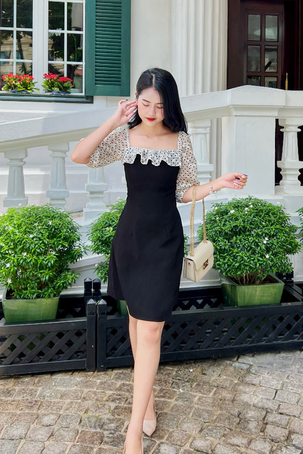 Đầm đen công sở nữ phối chấm bi