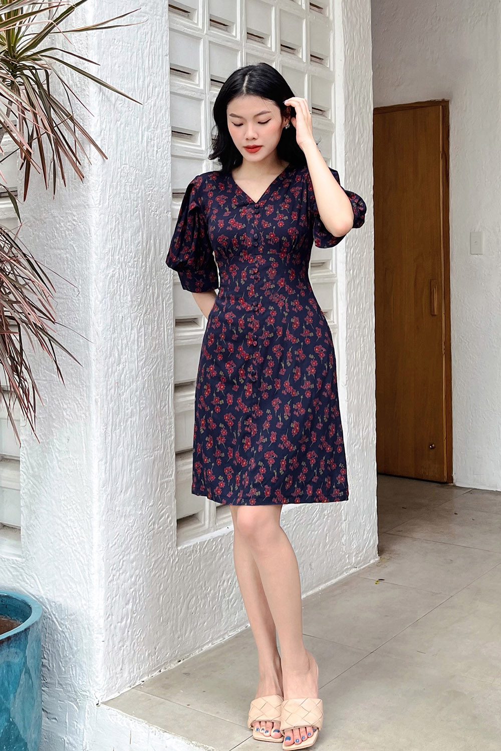 Đầm hoa nhí dáng chữ A công sở tay lỡ 