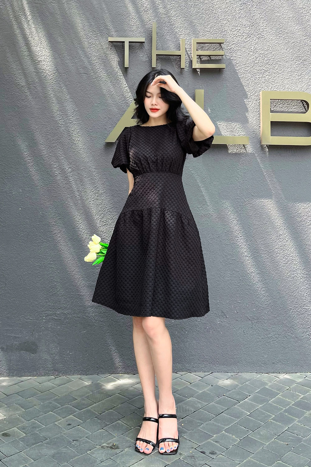 Đầm đen dáng xòe tay phồng