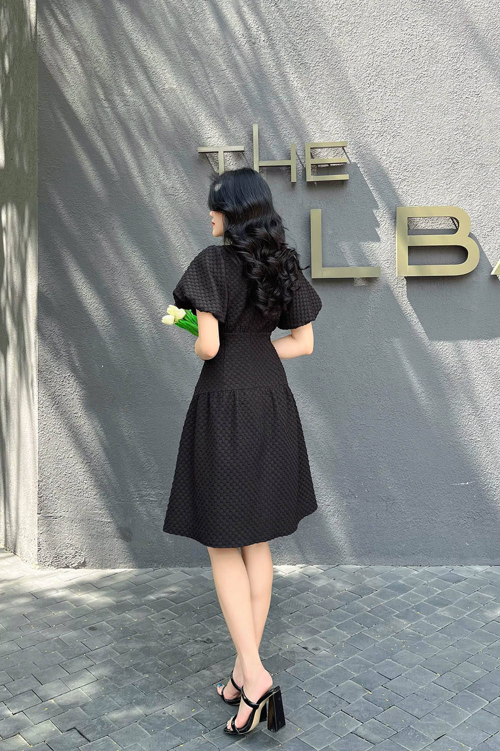 Đầm đen dáng xòe tay phồng