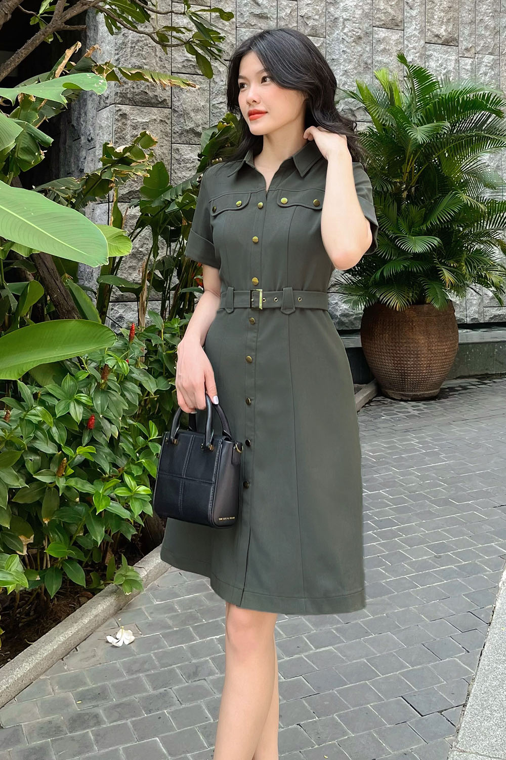 Đầm sơ mi công sở nữ kèm đai eo