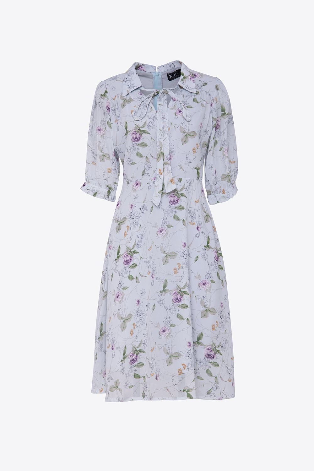 Đầm hoa dáng xòe cổ phối nơ