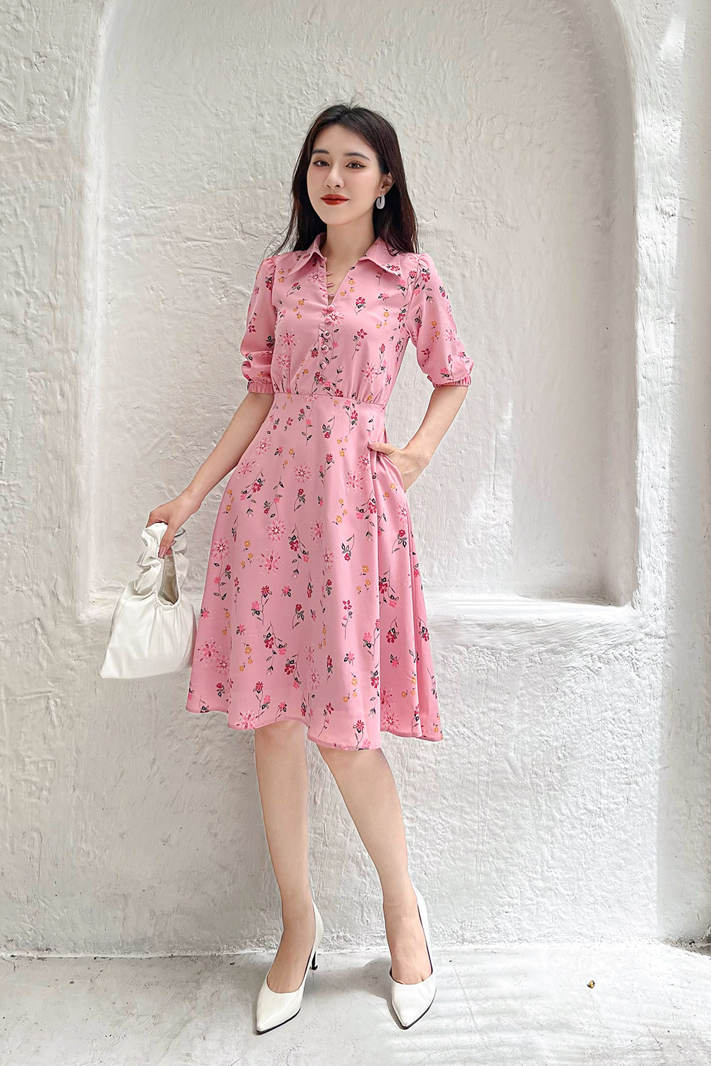 Đầm xòe hoa tay lỡ cổ sơ mi