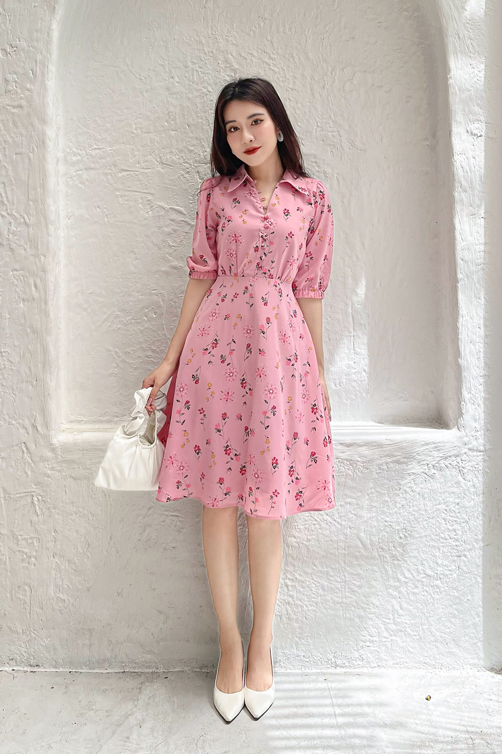 Đầm xòe hoa tay lỡ cổ sơ mi