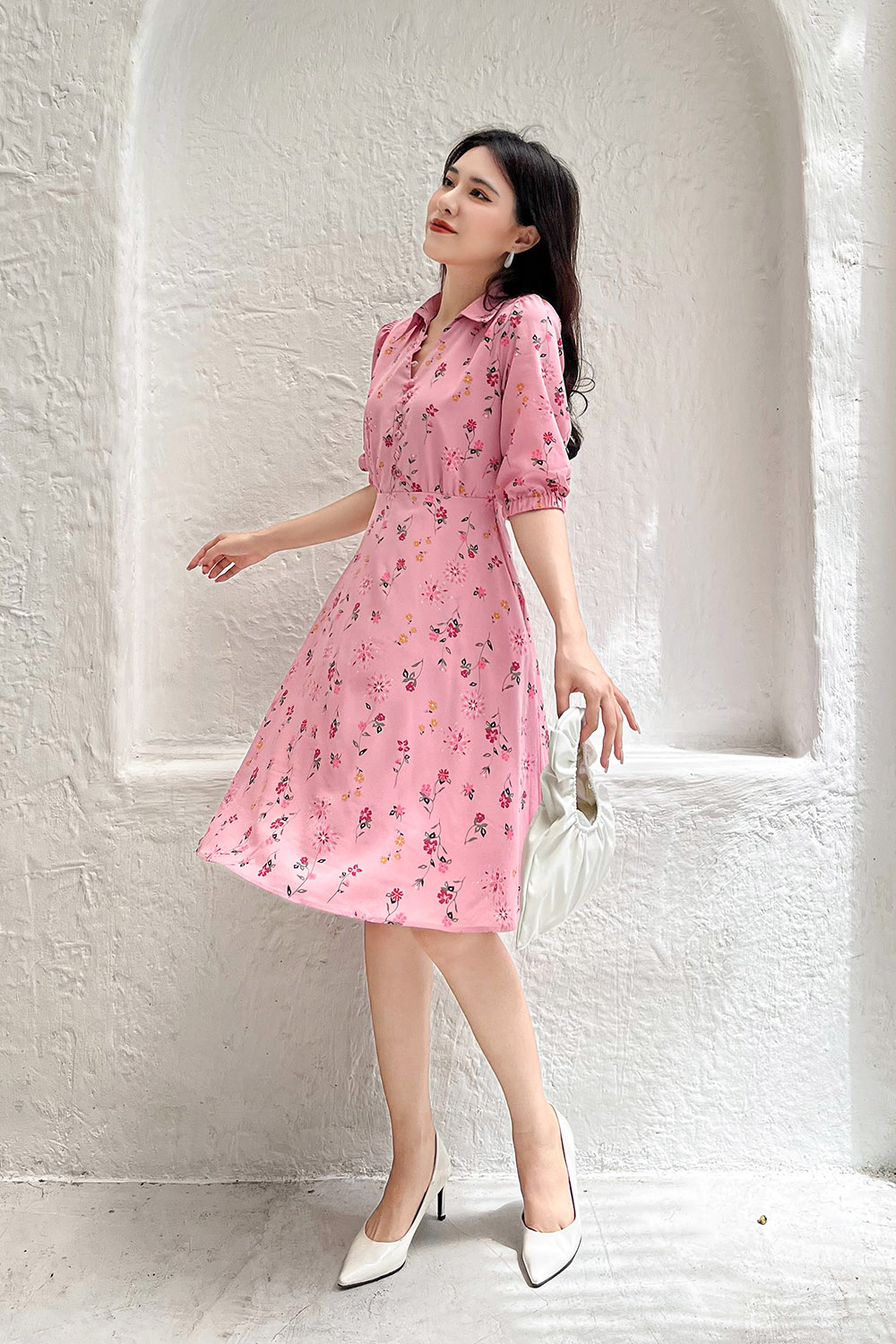 Đầm xòe hoa tay lỡ cổ sơ mi