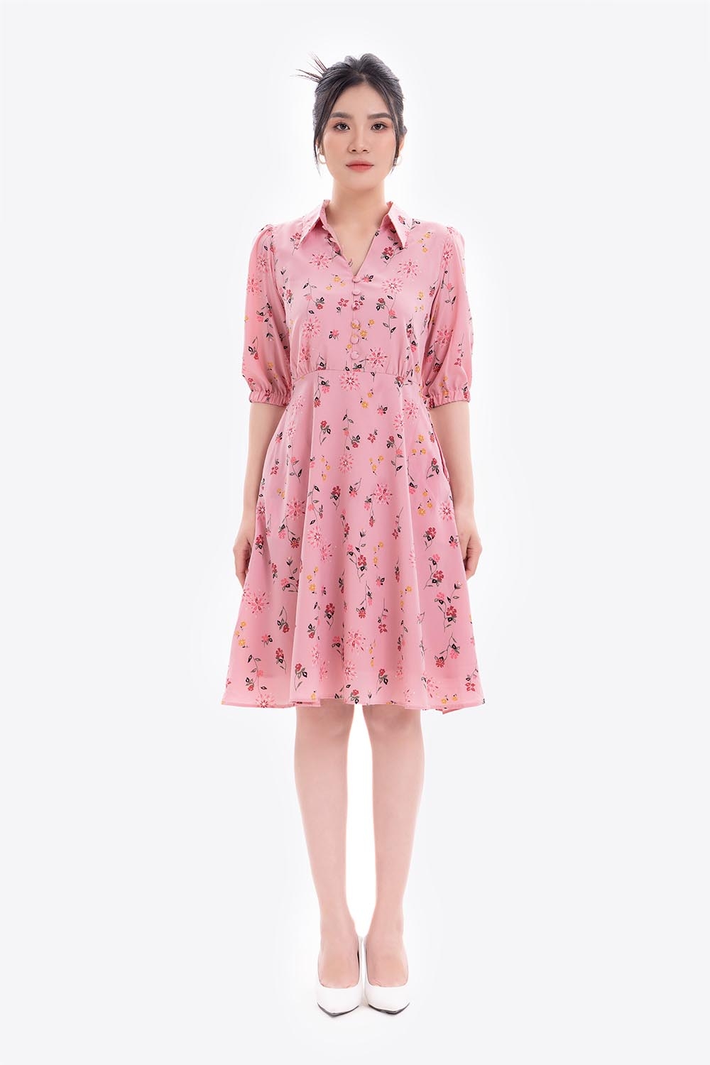 Đầm xòe hoa tay lỡ cổ sơ mi