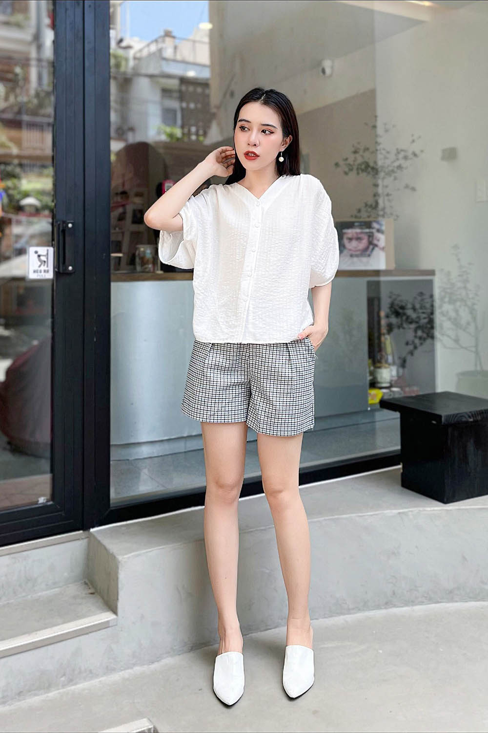 Quần đùi nữ họa tiết caro nhí