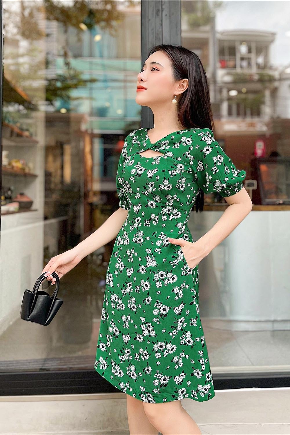 Đầm hoa dáng xoè tay lỡ cổ cut-out KK114-39 | Thời trang công sở ...