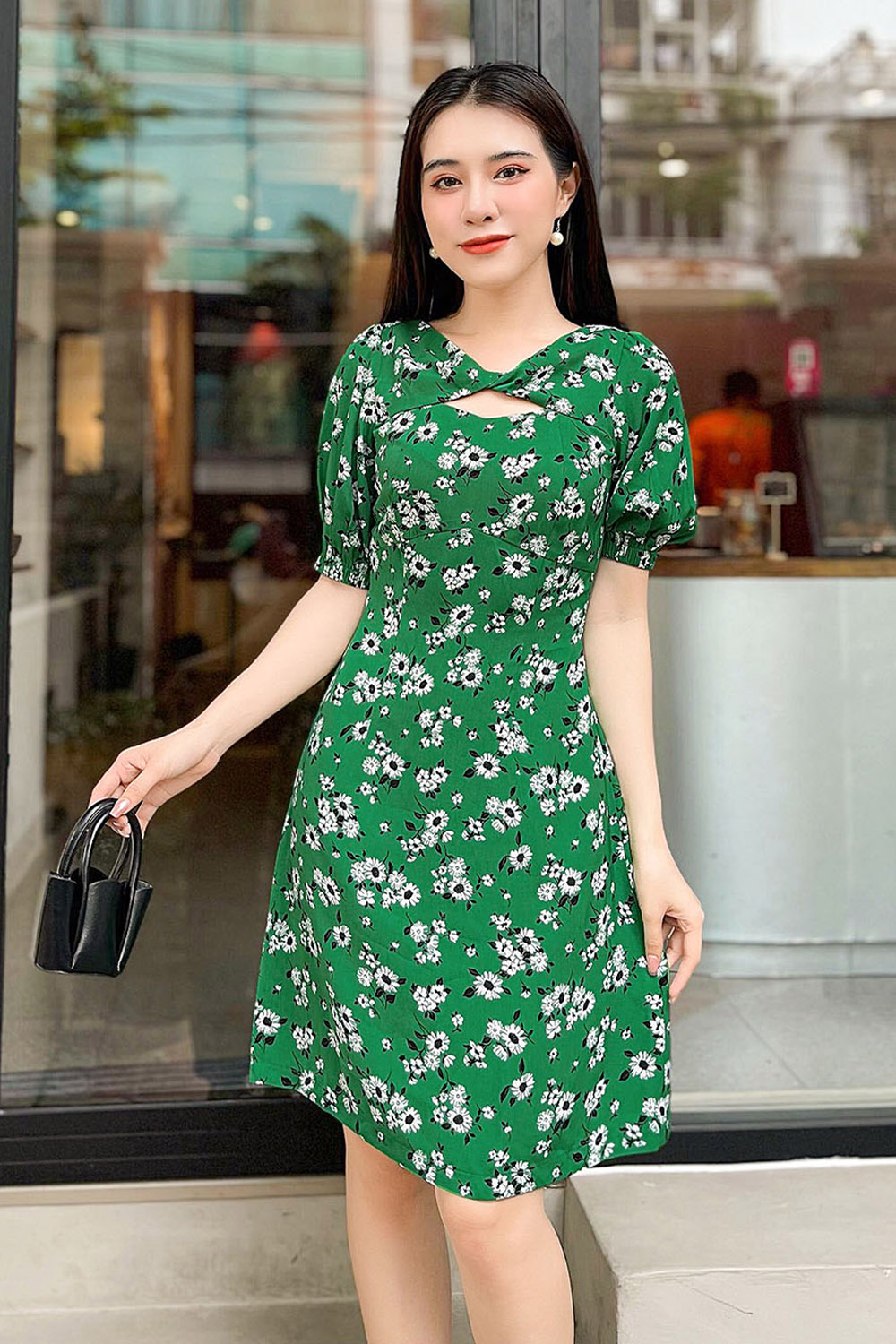 Đầm hoa dáng xoè tay lỡ cổ cut-out KK114-39 | Thời trang công sở ...