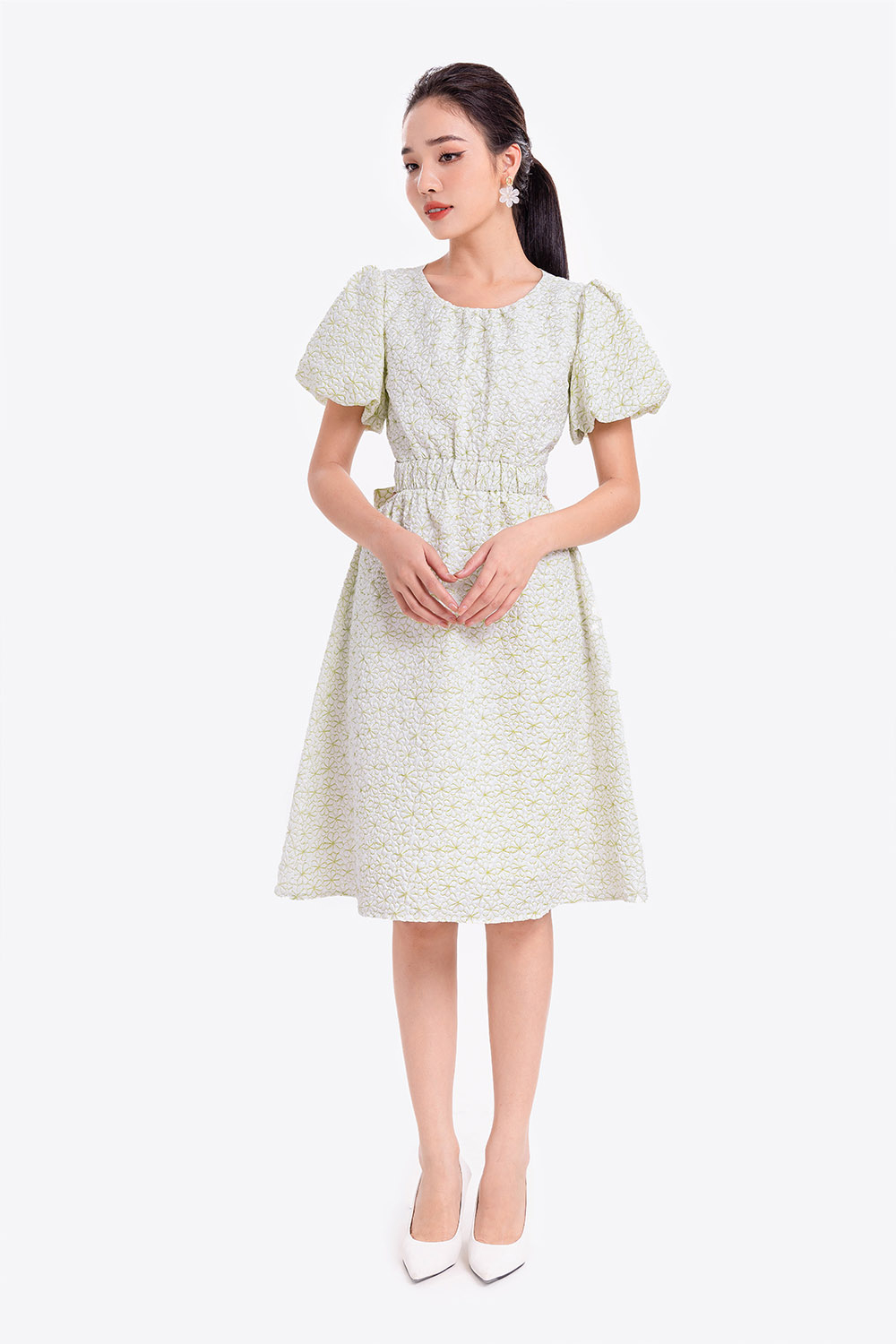 Đầm dự tiệc hoa dáng xòe eo cut-out