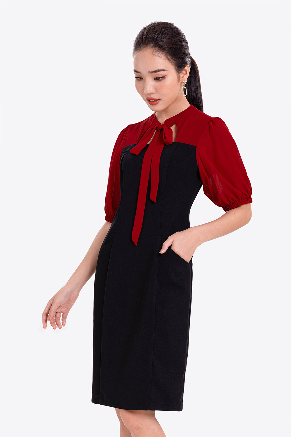 Đầm đen công sở dáng ôm phối màu HL21-23 | Thời trang công sở K&K ...