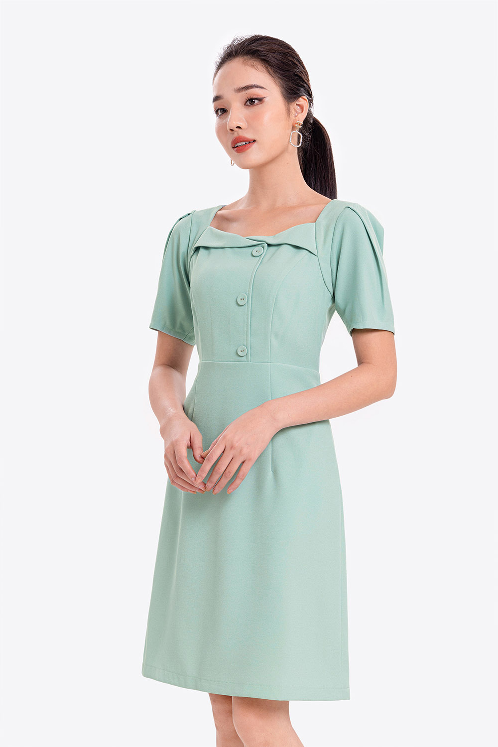 Đầm xòe chữ A công sở tay phồng