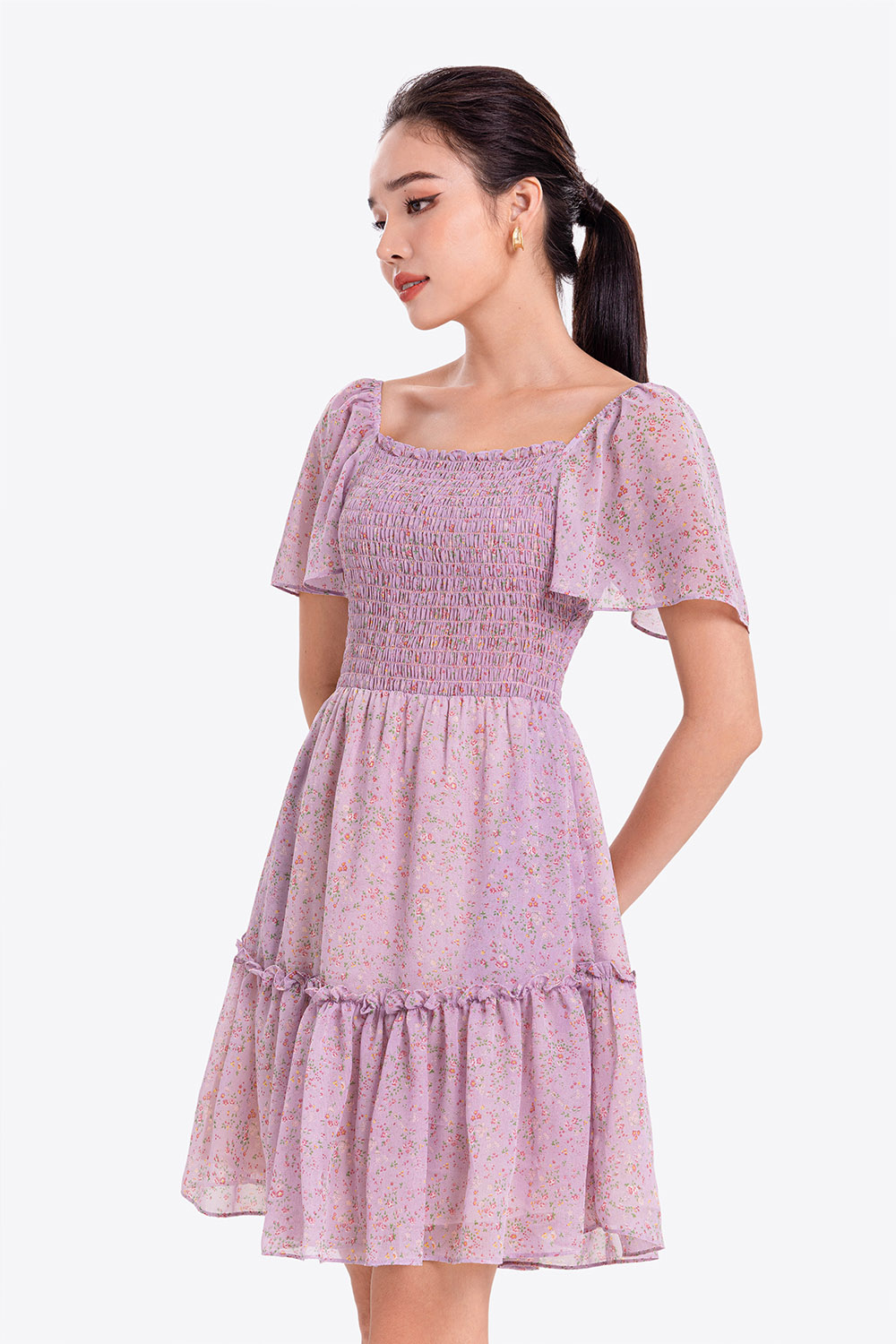 Đầm xòe hoa cổ vuông tay cánh tiên