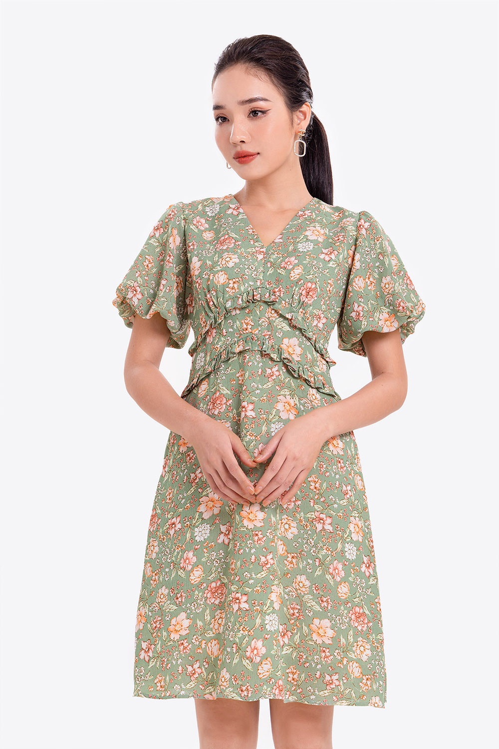 Đầm hoa chữ A tay phồng eo viền bèo