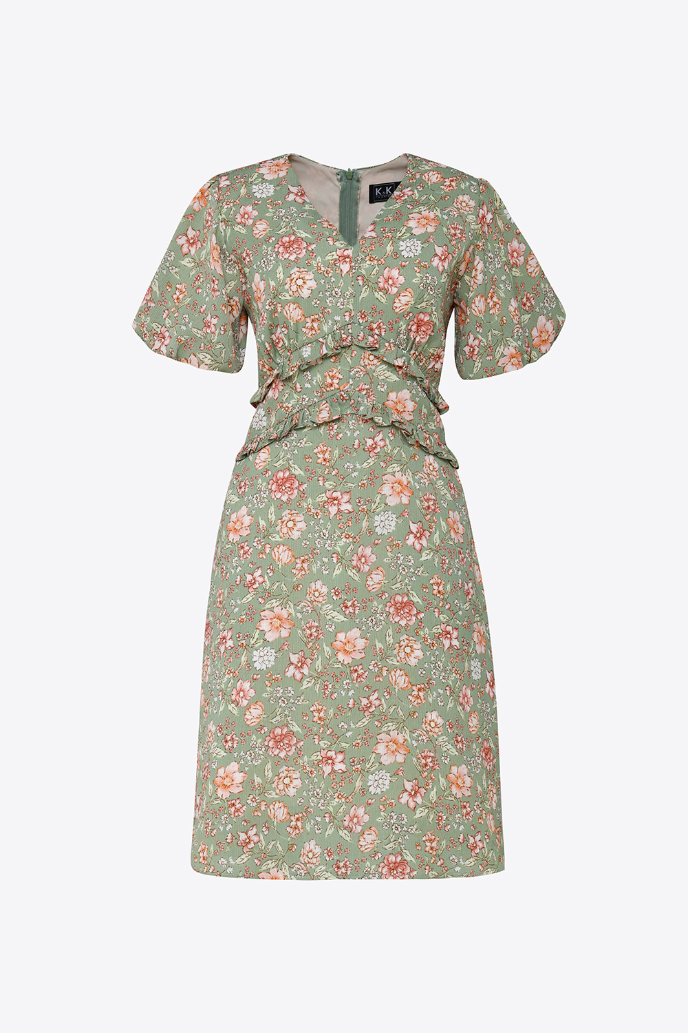 Đầm hoa chữ A tay phồng eo viền bèo