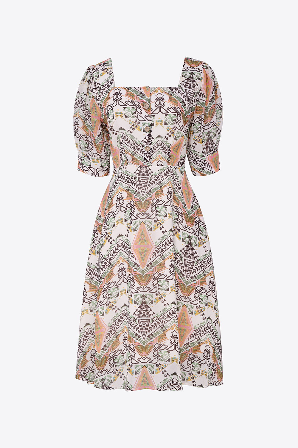 Đầm xòe họa tiết công sở cổ vuông