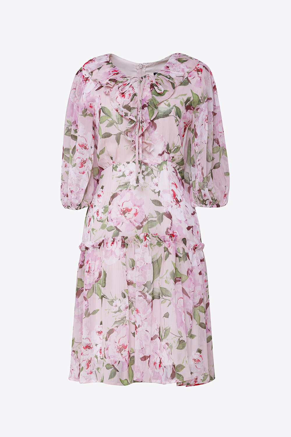 Đầm xòe hoa cổ V viền bèo