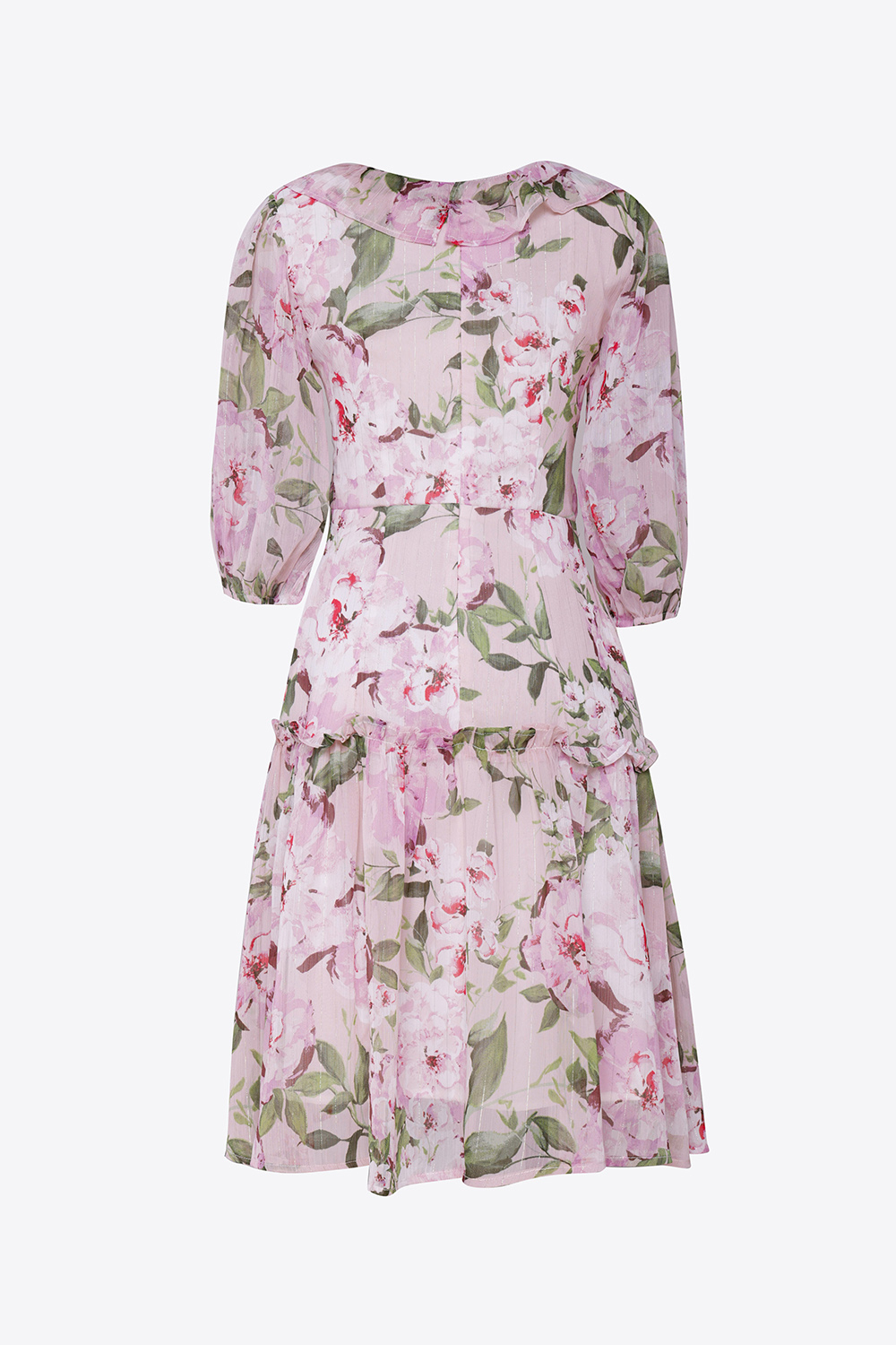 Đầm xòe hoa cổ V viền bèo