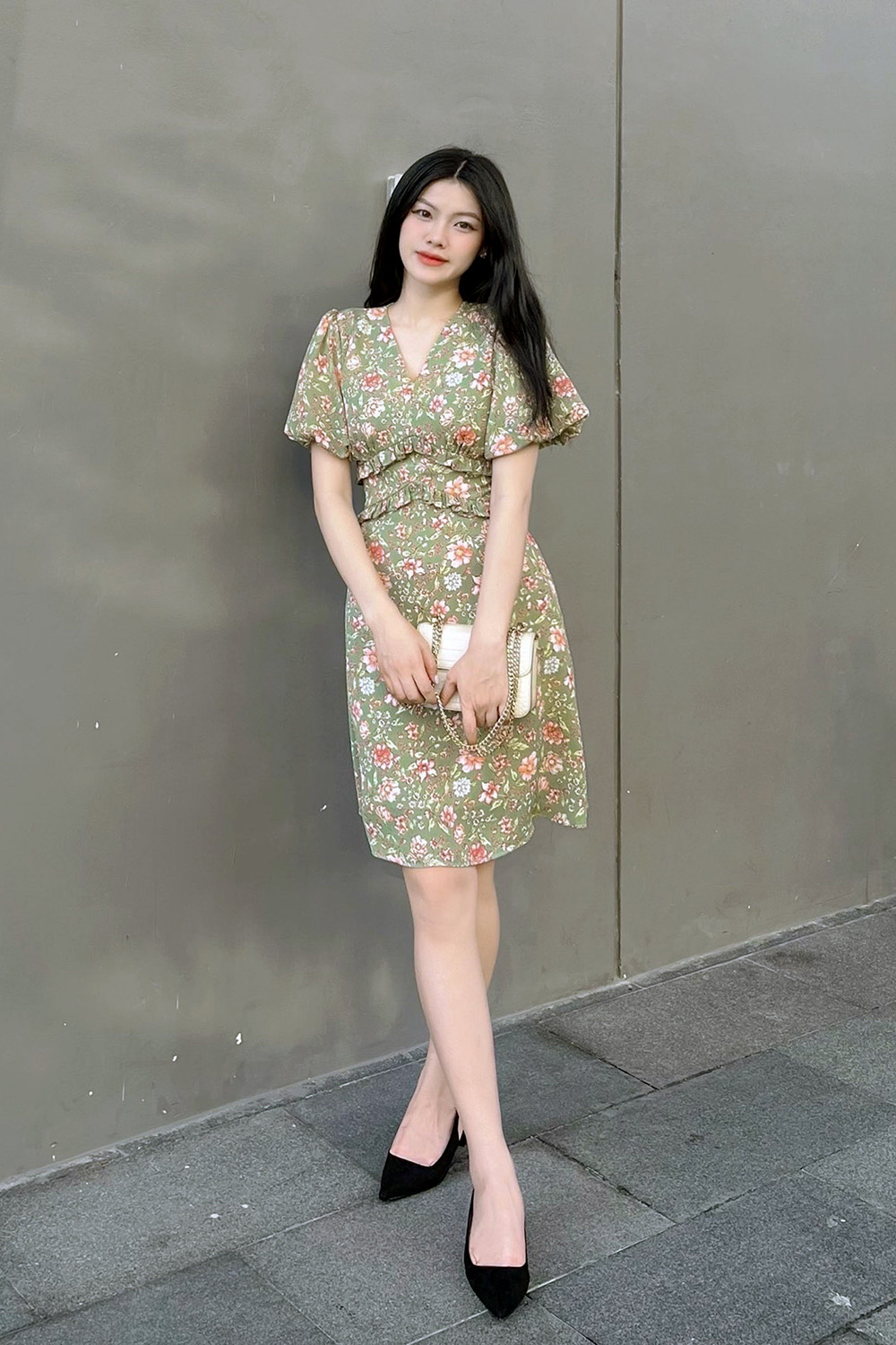 Đầm hoa chữ A tay phồng eo viền bèo