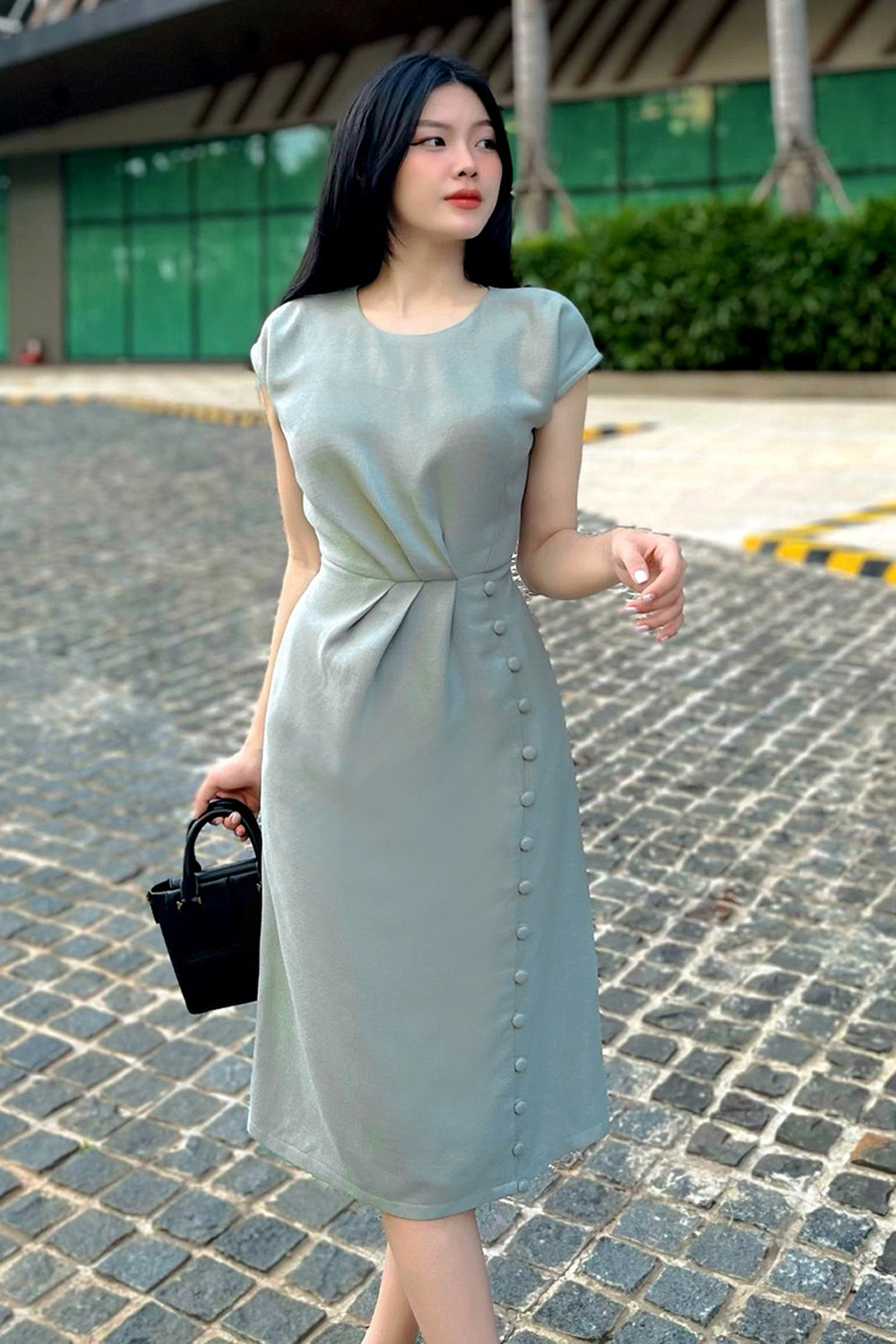 Đầm công sở chữ A dáng dài nhấn eo KK115-23
