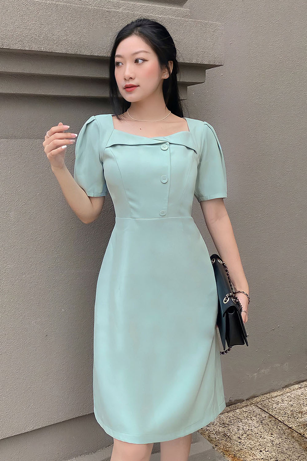 Đầm xòe chữ A công sở tay phồng