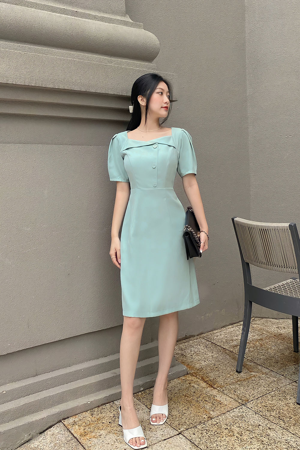 Đầm xòe chữ A công sở tay phồng