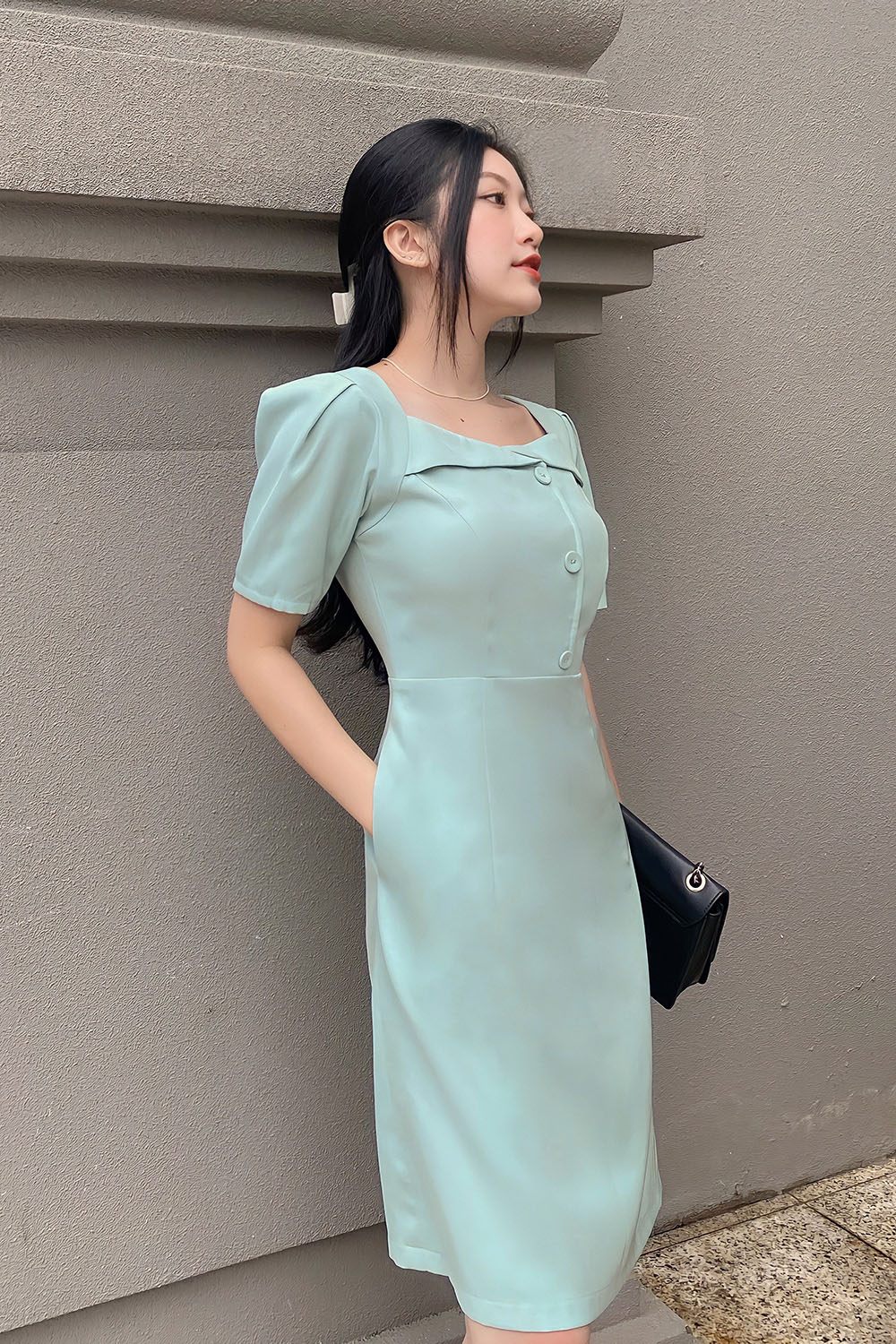 Đầm xòe chữ A công sở tay phồng