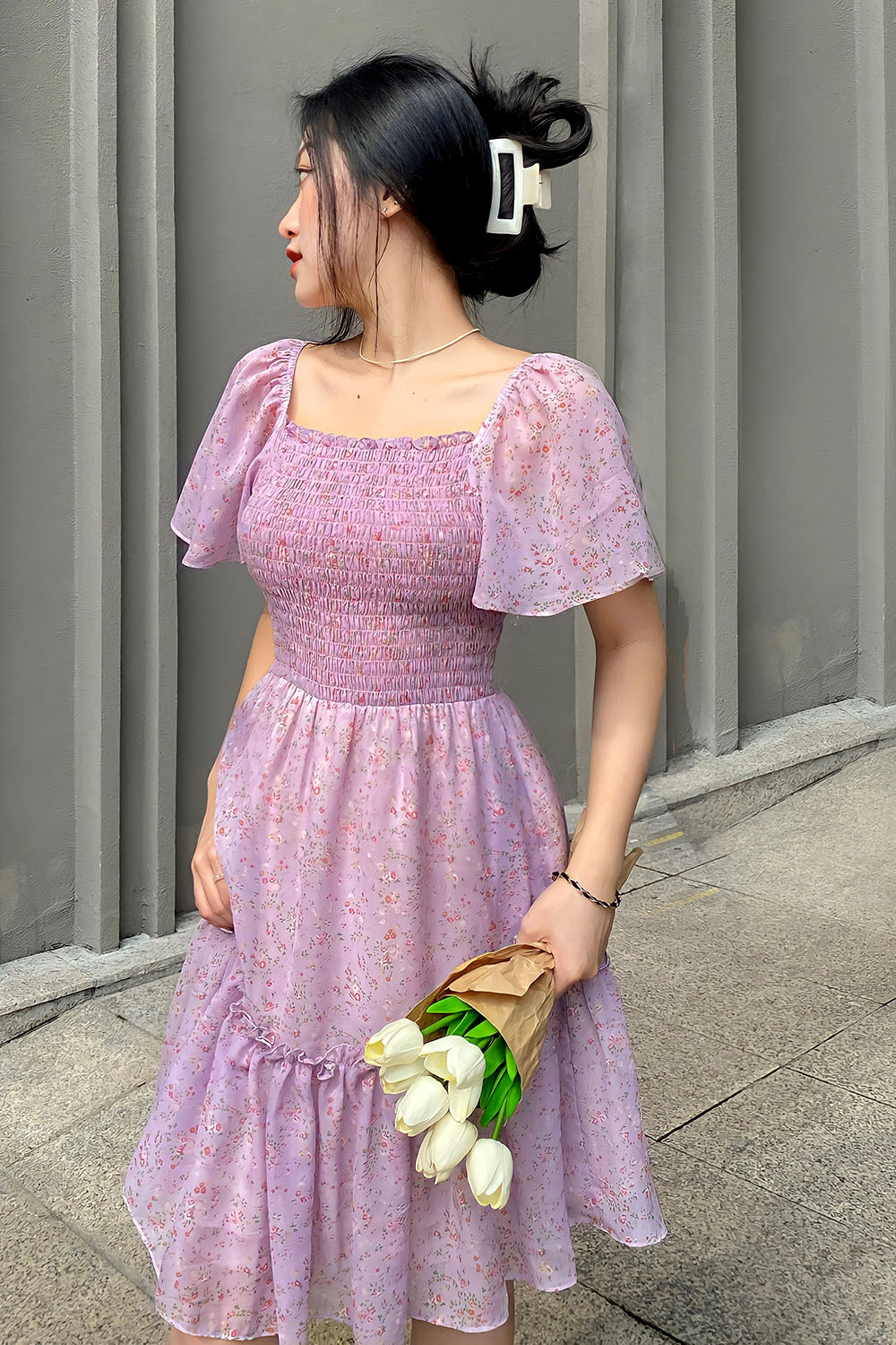 Mua Váy bầu đẹp thời trang thiết kế dáng suông 3 tầng hoa màu tím tay cánh  tiên tại Aidenshop | Tiki