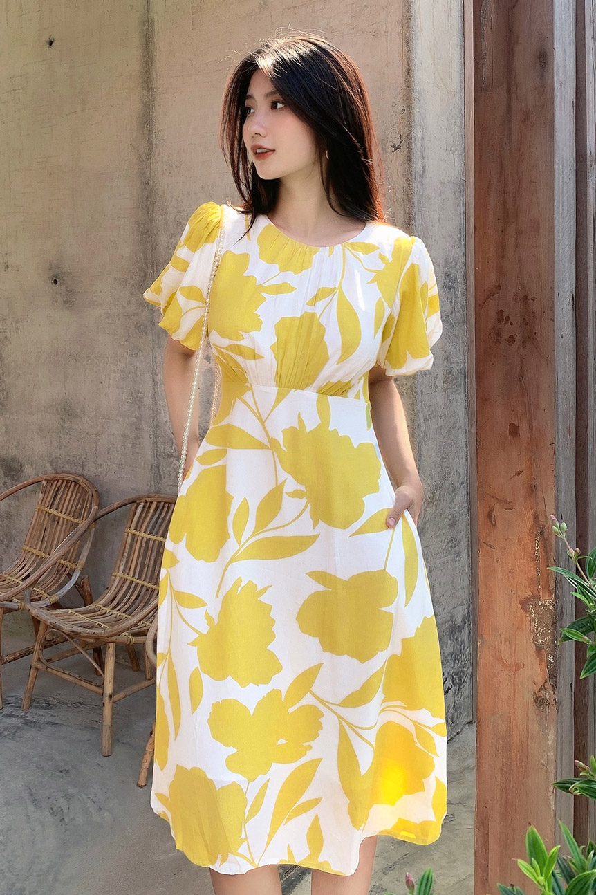 Đầm chữ A họa tiết tay bí KK115-02