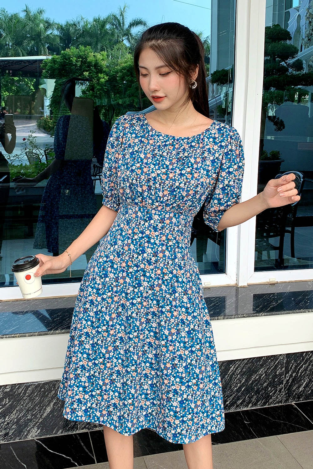 Đầm hoa nhí dáng xoè nhấn eo Kk115-14