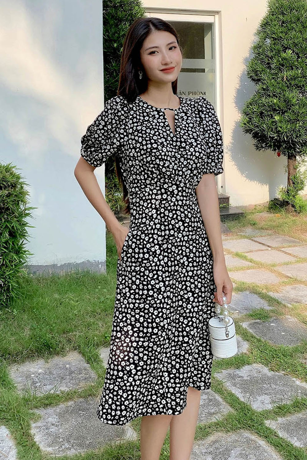 Đầm công sở hoa dáng xòe