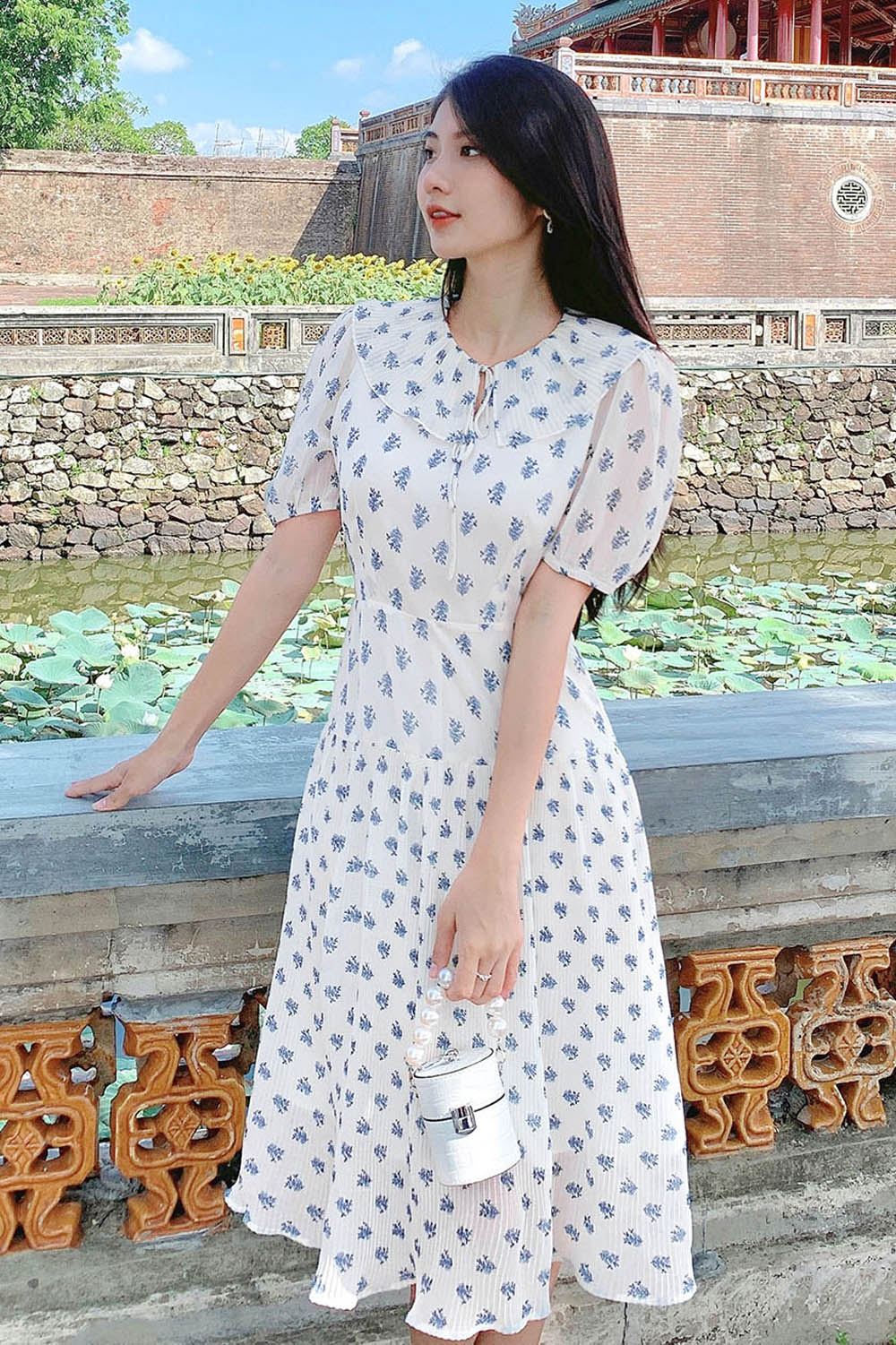 Đầm xòe hoa cổ viền bèo