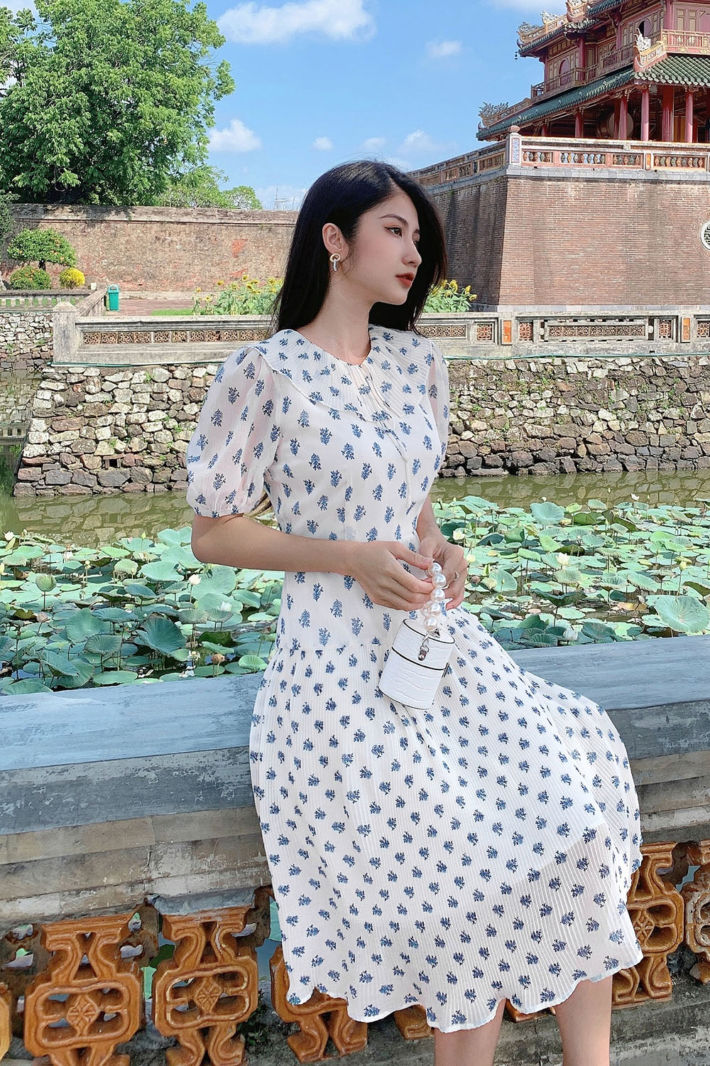 Đầm xòe hoa cổ viền bèo