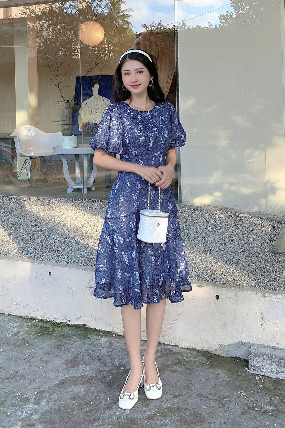 Đầm họa tiết dáng suông hạ eo tay phồng