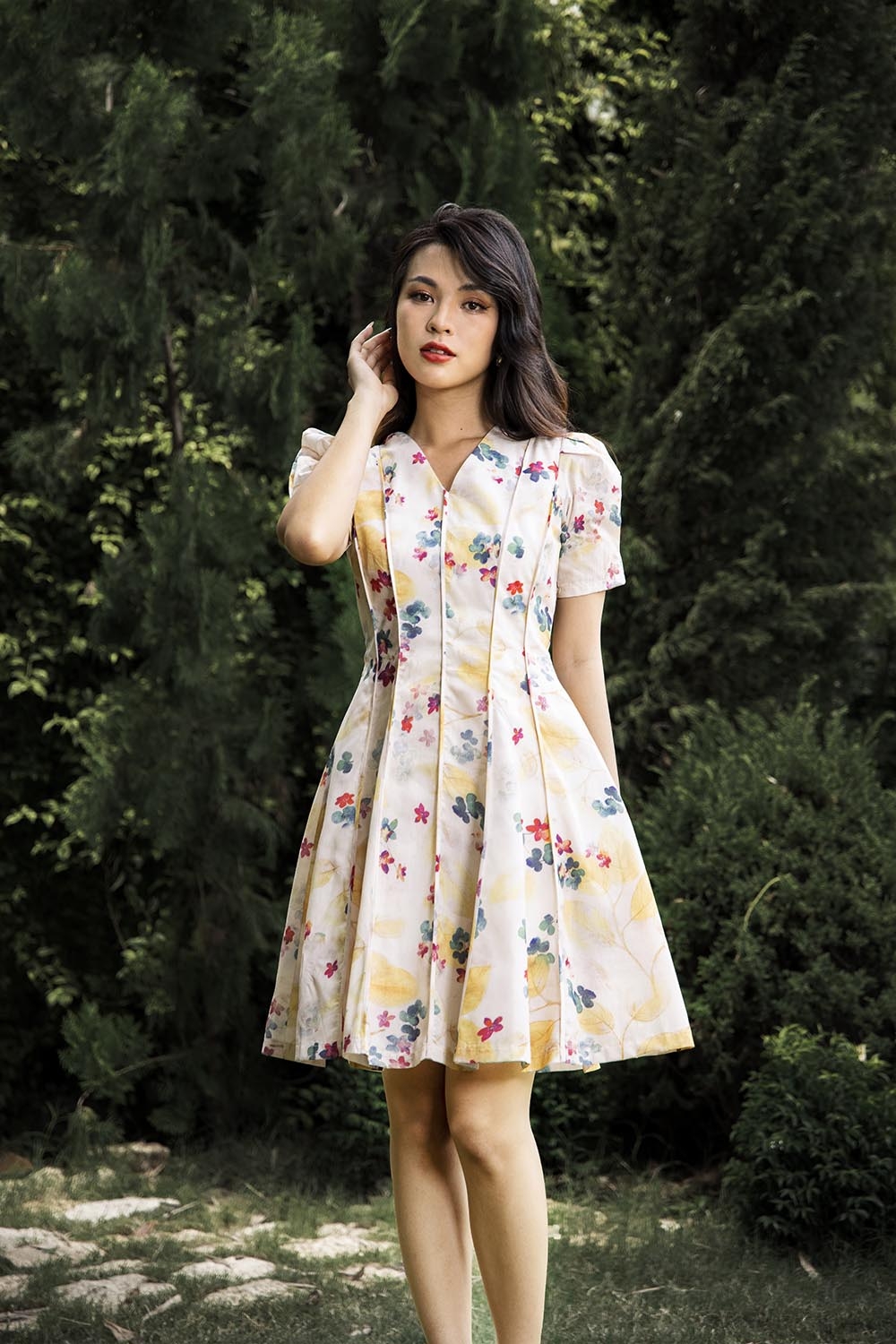 Đầm hoa dáng xòe tay phồng