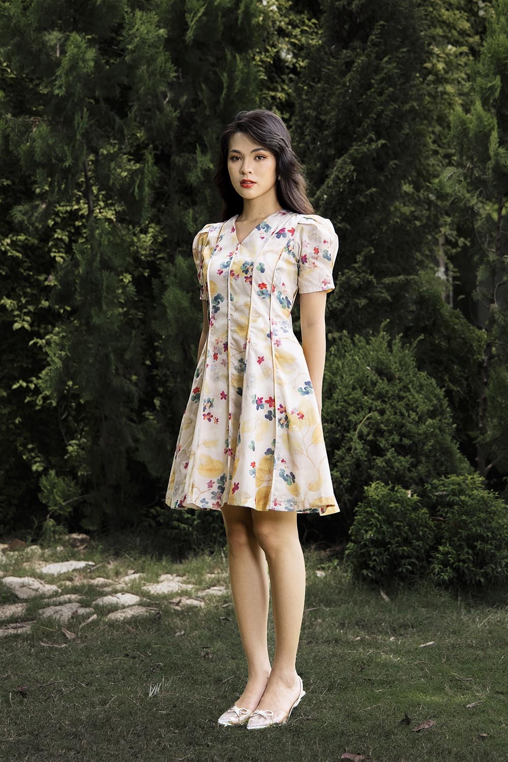 Đầm hoa dáng xòe tay phồng