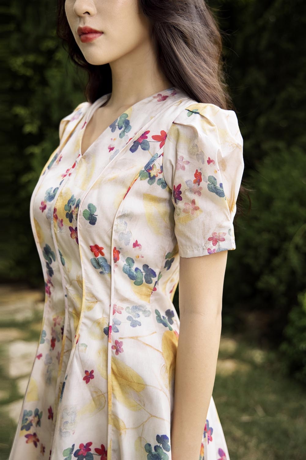 Đầm hoa dáng xòe tay phồng