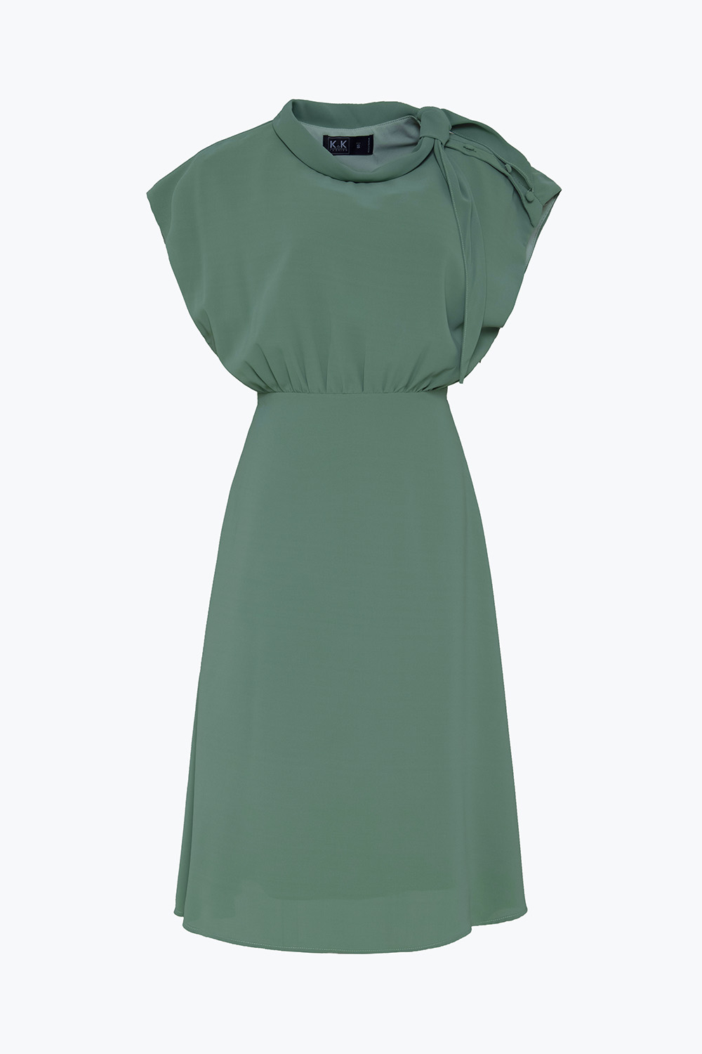 Đầm xòe nhấn eo cổ phối nơ màu xanh