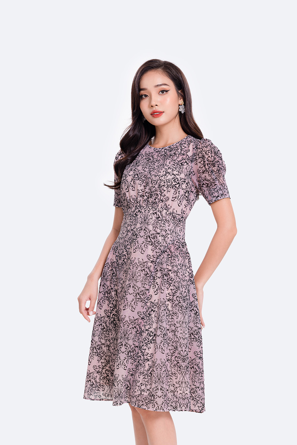 Đầm chữ A công sở họa tiết cổ tròn