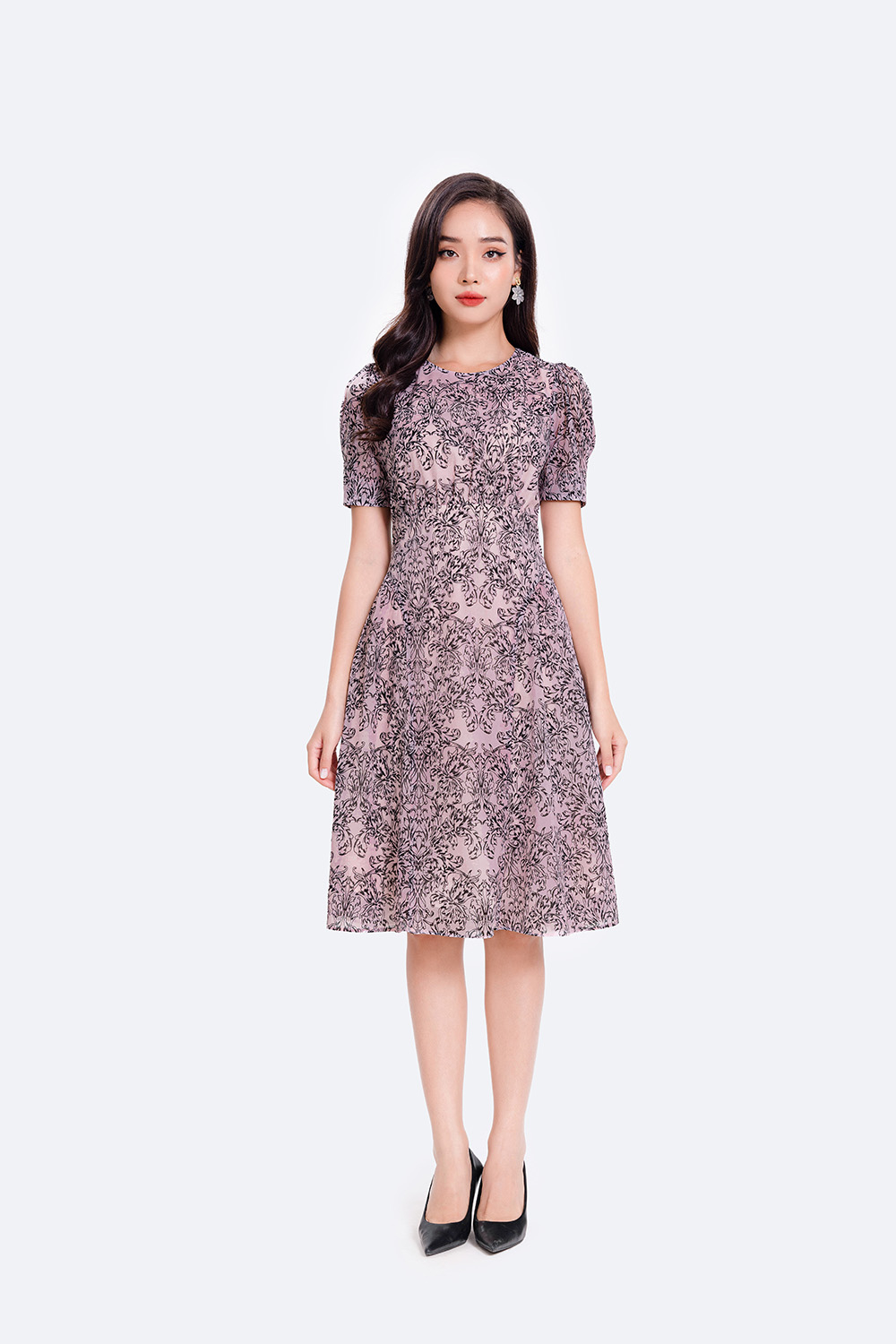 Đầm chữ A công sở họa tiết cổ tròn