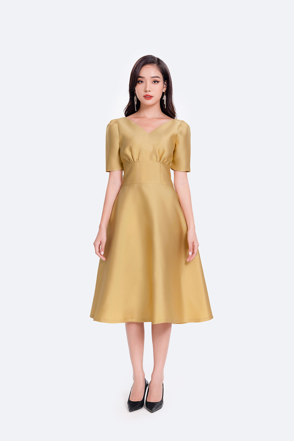 Đầm dự tiệc cổ V dáng xòe nhấn eo cao